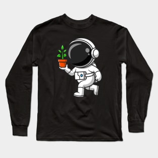 Cute Astronaut Holding Plant In A Pot Cartoon Long Sleeve T-Shirt